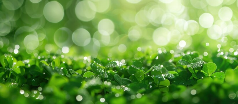 Green leaves Shamrock or water clover on blur bokeh background. Generated AI image