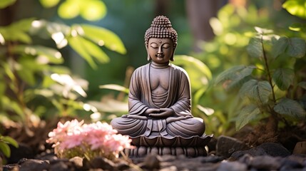 A buddha figurine in a peaceful zen garden