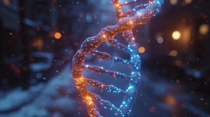 A DNA hologram is displayed on the exterior of a contemporary business center, proposing a biotechnology and genetic concept. - obrazy, fototapety, plakaty