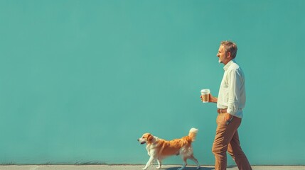 A businessman on a lunch break with his dog holding a cup of coffee and walking it.