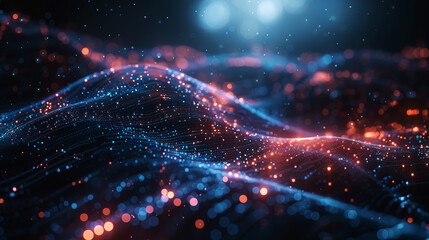 Fototapeta premium Digital Waves Particle System. Blue digital waves in an abstract particle system.