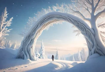 Zelfklevend Fotobehang a snowy landscape with a natural archway made of snow © Naz