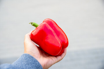 man hand holding red pepper on blured background