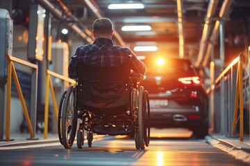 A man in a wheelchair using a vehicle lift. He is seen from behind, facing towards a vehicle in garage. Concept independence and mobility.