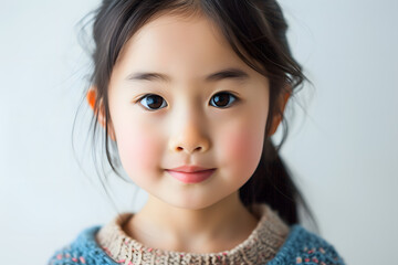 Closeup portrait of asian little girl isolated on white background - obrazy, fototapety, plakaty