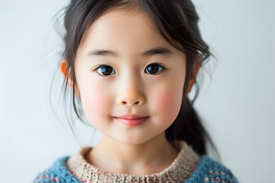 Closeup Portrait Of Asian Little Girl Isolated On White Background