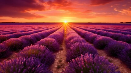 A lavender field at sunset with a warm, orange glow