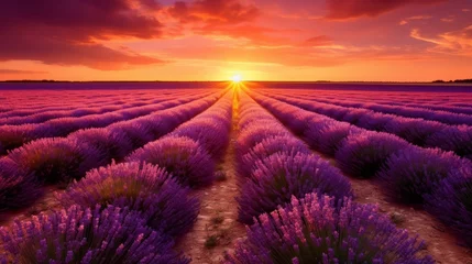 Foto op Plexiglas A lavender field at sunset with a warm, orange glow © Cloudyew