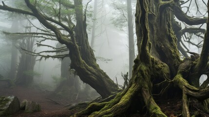 A misty, ancient forest with gnarled tree trunks - obrazy, fototapety, plakaty