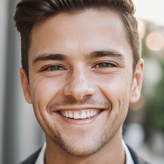 Close-up of a portrait smiling   man see beautiful teeth, Young man smiling, portrait, close-up