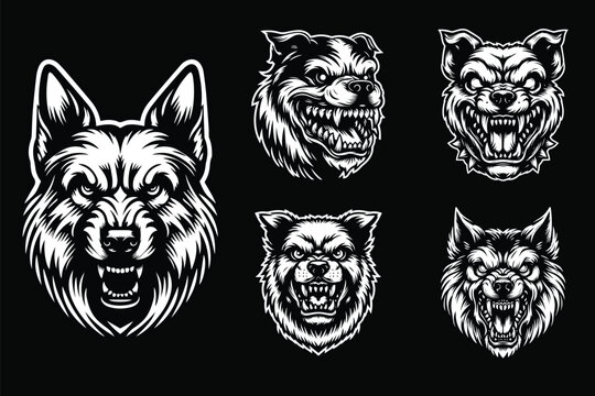 Dark Art Dog Angry Head with Sharp Teeth Black and White Illustration