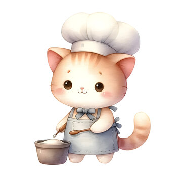 Cute watercolor animal character wearing chef hat and cooking food  clipart of cat