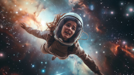 Woman floating in a nebula star-filled dreamscape: Lucid Dreaming 