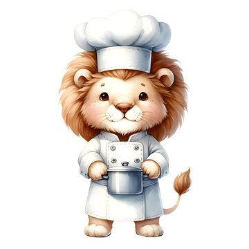 Cute watercolor animal character wearing chef hat and cooking food  clipart of lion