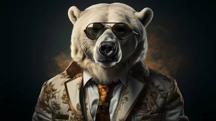 Tuinposter A sophisticated bear dons a tailored suit and stylish glasses, exuding an air of modern elegance. Against a solid background, it captures attention with its refined fashion choices and confident ©  ALLAH LOVE