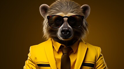 A sophisticated bear dons a tailored suit and stylish glasses, exuding an air of modern elegance. Against a solid background, it captures attention with its refined fashion choices and confident