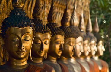 Row of Buddha statues, shallow depth of field