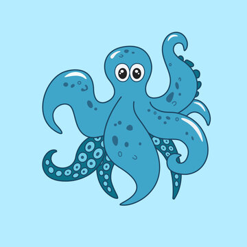 Blue cartoon Octopus. Marine inhabitants, doodle octopus, tentacles