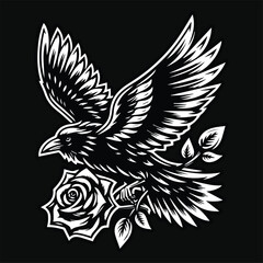 Dark Art Crow Flying Use Wing with Rose Flower Black and White Illustration