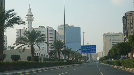 MECCA, SAUDI ARABIA-Nov 30,2023: Road signs lead to Al Haram Mosque (Masjidil Haram) and in Makkah, Saudi Arabia.