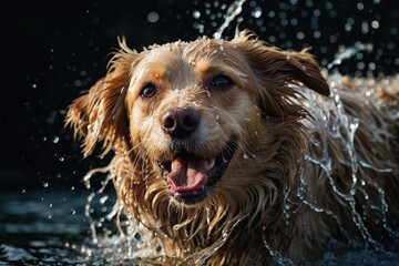 Playful Puppy Soak Cute Golden Retriever Having Fun in the Water - obrazy, fototapety, plakaty