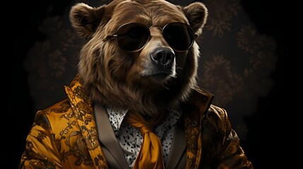 A sophisticated bear dons a tailored suit and stylish glasses, exuding an air of modern elegance. Against a solid background, it captures attention with its refined fashion choices and confident