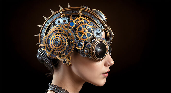 A woman with a cybernetic mask made of gears and clock parts.