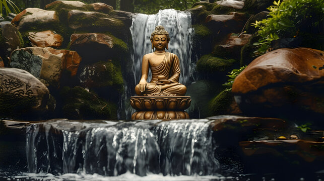 Meditating Buddha statue at beautiful waterfall in the jungle