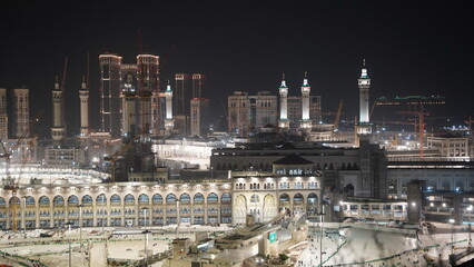 Night View of the Holly Mosque with Skyline and Abraj Al Bait (Royal Clock Tower Makkah) in Mecca, Saudi Arabia, Nov 30, 2023