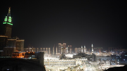 Night View of the Holly Mosque with Skyline and Abraj Al Bait (Royal Clock Tower Makkah) in Mecca,...