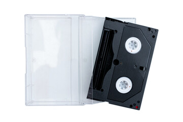 Retro audio cassette with cover, isolated on white