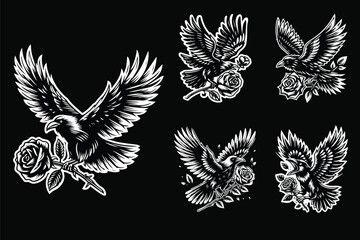 Dark Art Crow Flying Use Wing with Rose Flower Black and White Illustration