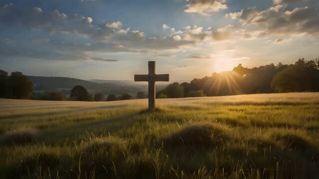 Christian Cross at Sunrise - Serene Countryside Landscape