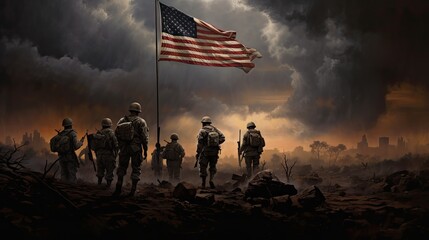 Group of American soldiers on the battlefield with their American flag. 4th of July, Independence Day. Memorial Day.