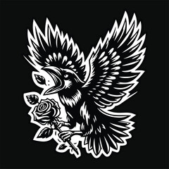 Dark Art Crow Flying Use Wing with Rose Flower Black and White Illustration