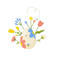 Easter egg with flowers, concept in cartoon style for card, print, sticker, postcard. Vector illustration on white background.