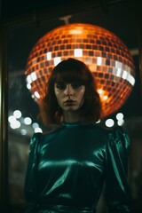 Radiant and alluring girl portrait, massive mirror ball on the background