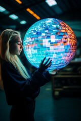 Young woman standing with a large mirror disco ball in her hands at a stylish party venue