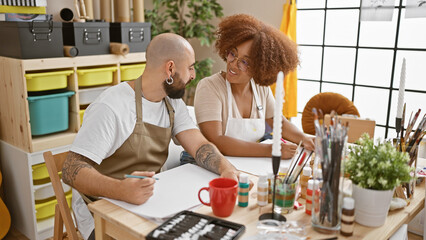 Two smiling artists, confidently drawing on paper in art studio, capture joy of creative expression
