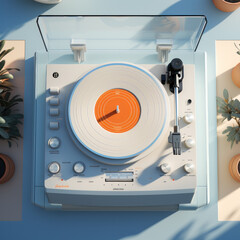 old turntable player with lp vinyl record top view. - obrazy, fototapety, plakaty