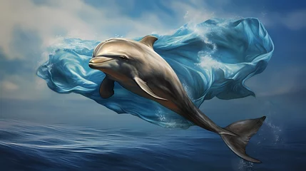 Tuinposter A sophisticated dolphin in a silk scarf, leaping gracefully in the ocean ©  ALLAH LOVE