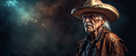 Obraz premium Old cowboy. Close-up of an elderly man wearing a cowboy hat. Heroic image of a man. Space for copies. AI generated