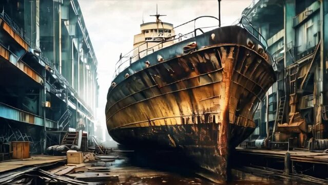 Old rusty ship under repair on dry dock