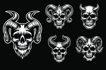 Dark Art Skull Devil with Sharp Horn Black and White Illustration