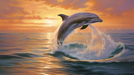 Tuinposter A sophisticated dolphin in a silk scarf, leaping gracefully in the ocean ©  ALLAH LOVE