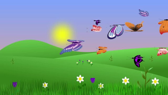 Spring environment animation with butterflies and fields, flat graphic cartoon background