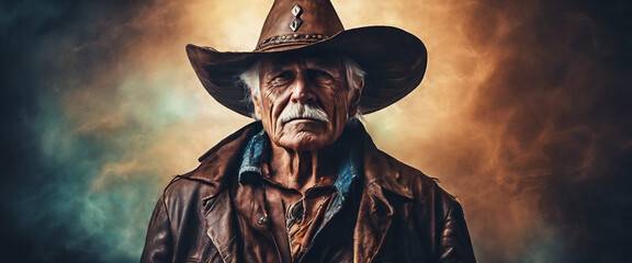 Old cowboy. An elderly man in a cowboy hat. Heroic, stern image of a man. Dramatic story. AI generated