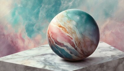 marble sphere on marble platform against pastel background, sitting in iridescent chromatic liquid