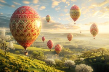 Fototapeta na wymiar breathtaking spring morning with balloons in the sky. The balloons are decorated with patterns reminiscent of Easter eggs