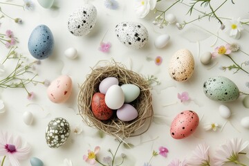 Fototapeta na wymiar Easter. Bright and airy flat composition with various painted eggs and flowers. Eggs of different colors and patterns are scattered on a light background among flowers and foliage.